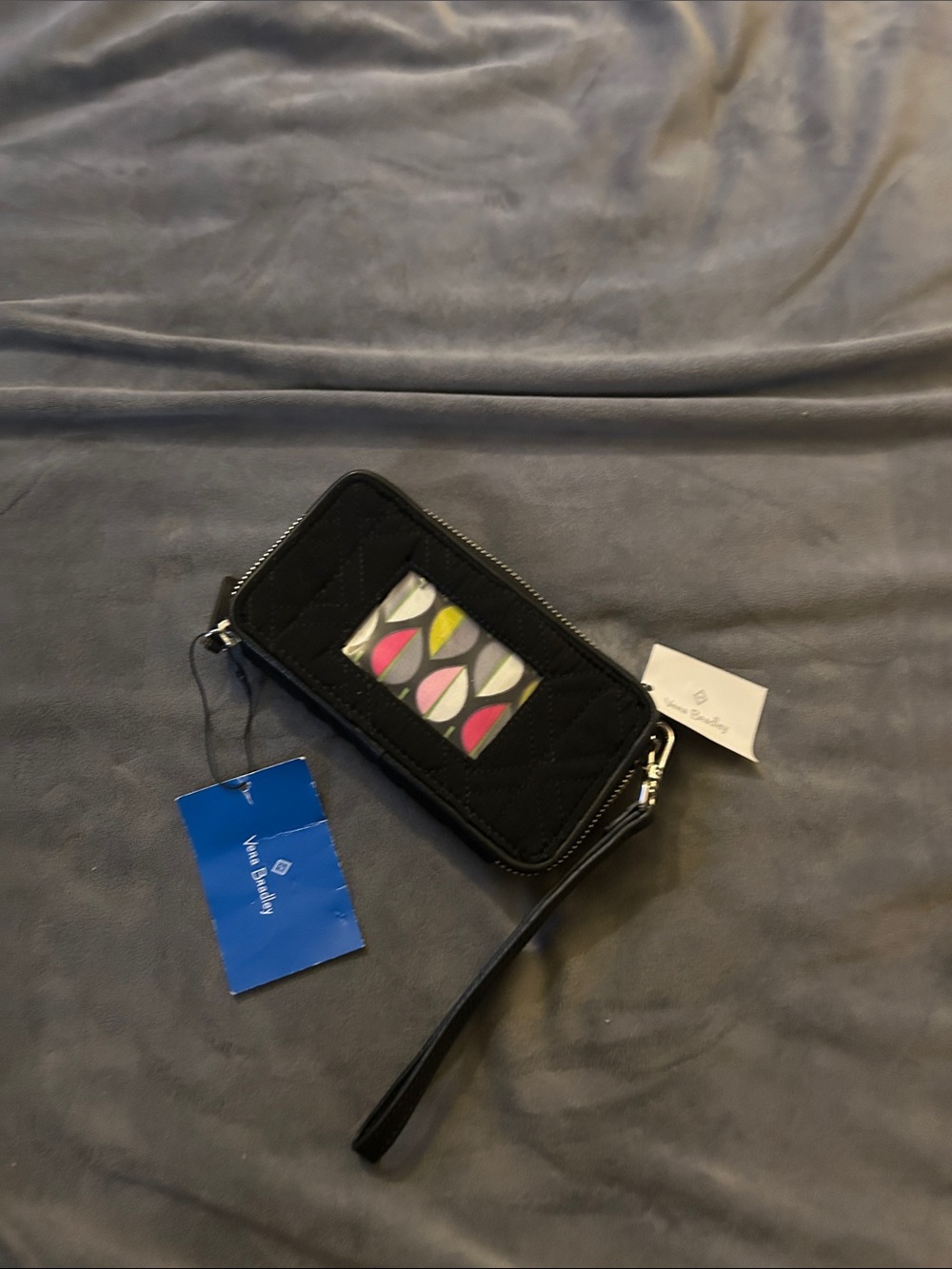 Vera Bradley Black Quilted Wristlet with Colorful Patterned ID Window